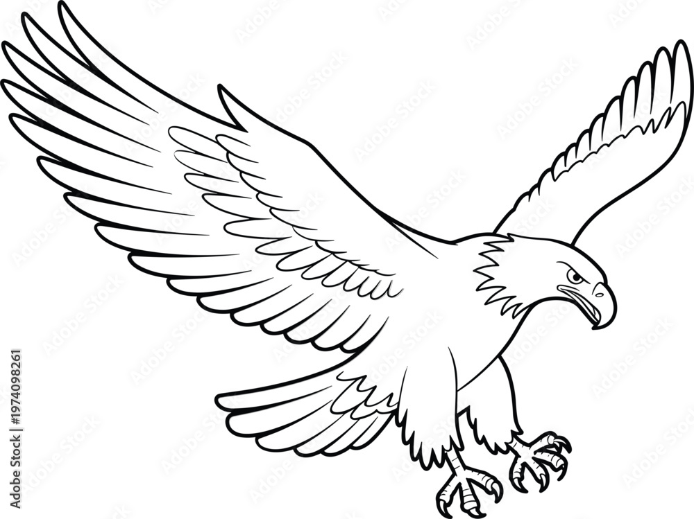 Fototapeta premium Majestic bald eagle flying with open wings, black and white line art mascot, powerful bird vector illustration