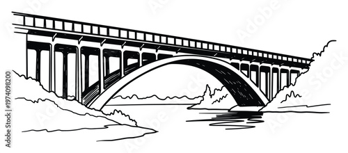 Black and white hand drawn sketch of a classic arched bridge with supporting columns and railings over a body of water for historical or architectural projects