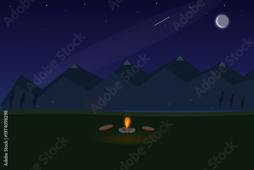 Camping Under Starry Night Sky with Campfire