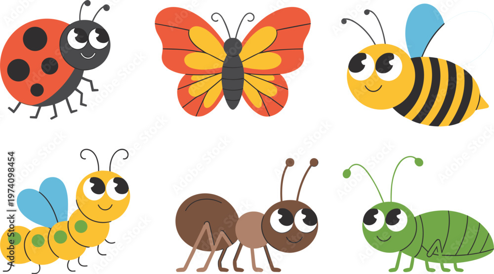 Fototapeta premium Colorful Garden Bug Vector Set With Happy Characters Including Honeybee Monarch Butterfly Ladybird And Small Ant