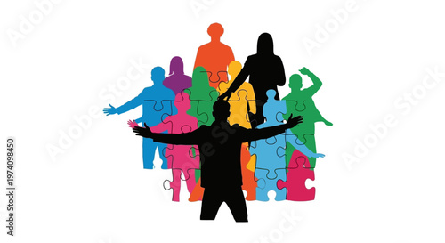 Colorful group of diverse people silhouettes composed of puzzle pieces.