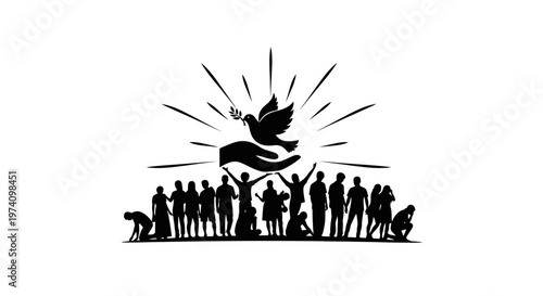 Silhouette illustration of people united under a dove of peace.