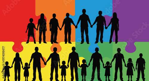 Silhouettes of diverse groups of people holding hands in unity.