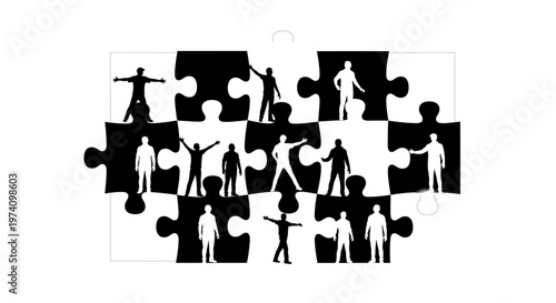 Conceptual illustration of human silhouettes integrated into a puzzle pieces structure.