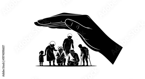 Illustration of a giant hand protecting vulnerable people.