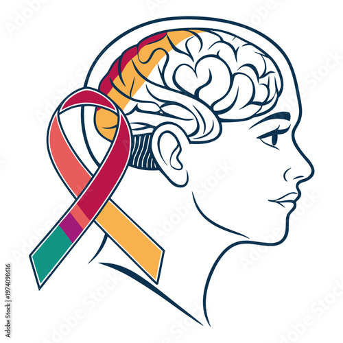 Stylized human head profile with brain cross-section and awareness ribbon highlighting neurological health and research efforts.