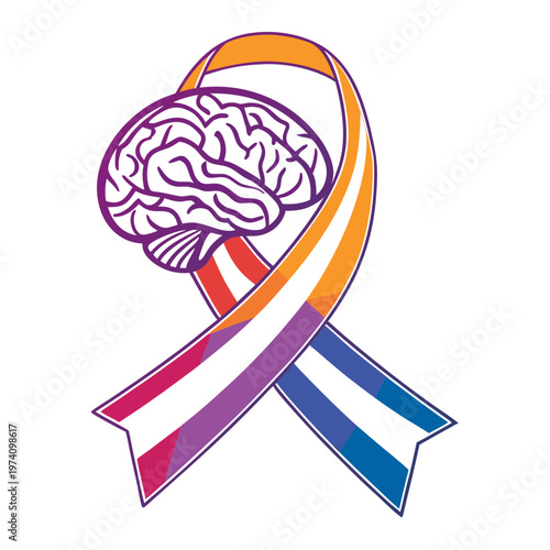Brain awareness ribbon with colorful gradients representing mental health support and neurology research symbol for healthcare and medical projects.