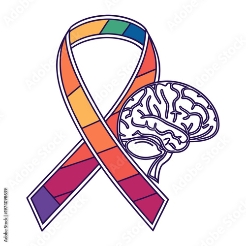 Multicolor awareness ribbon in rainbow gradient with outlined brain on white background, symbolizing hope and unity for brain health.
