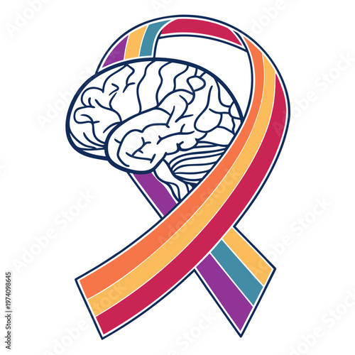 Colorful brain ribbon icon with stripes representing neurological health awareness and mental wellness advocacy symbol for healthcare organizations.