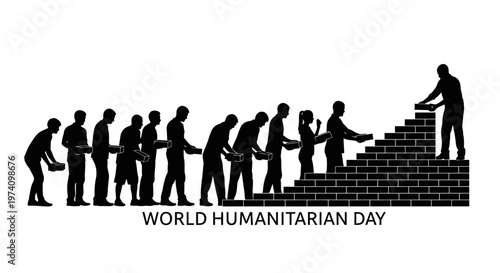 Silhouette of people working together in a line to build a brick wall for World Humanitarian Day.