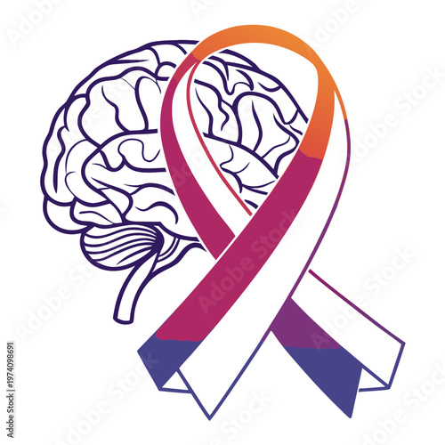 Human brain awareness symbol with purple and red gradient ribbon for neurology healthcare mental health support and medical research illustrations.