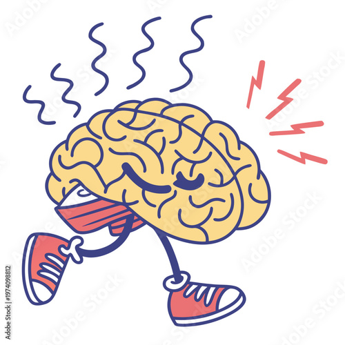 Anthropomorphic yellow brain walking with red sneakers showing smoke and lightning bolt symbols for brainstorming and heavy thinking concept vector.