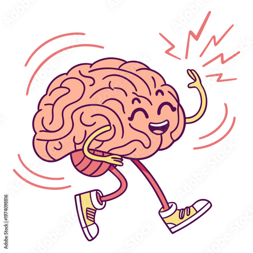 Cheerful animated brain waving hand while walking featuring expressive face and yellow sneakers in classic outline vector illustration style design.