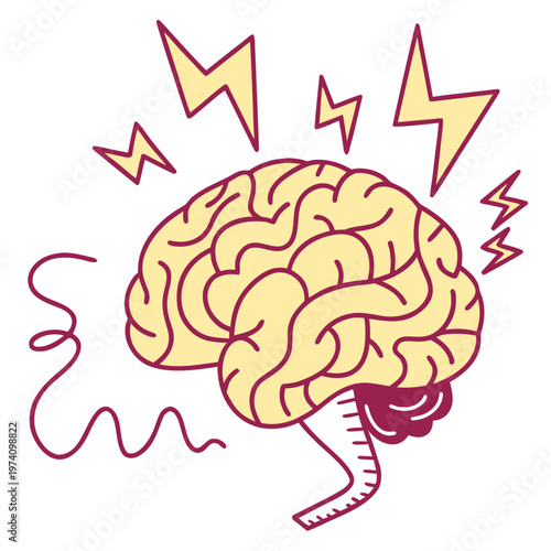Anatomy of human brain illustration featuring yellow cerebral folds with lightning bolts and wavy pink line element in vintage comic drawing style.
