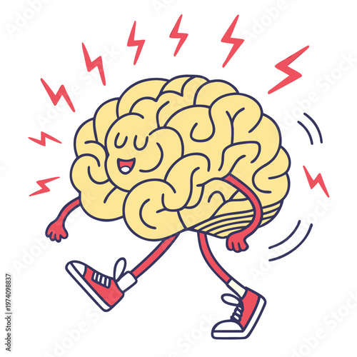Happy smiling brain mascot walking energetically surrounded by red lightning strikes representing powerful mental energy and creative spark graphic.
