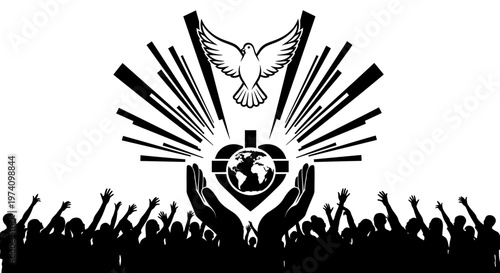 Christian worship scene with hands reaching for a heart shaped world and dove.