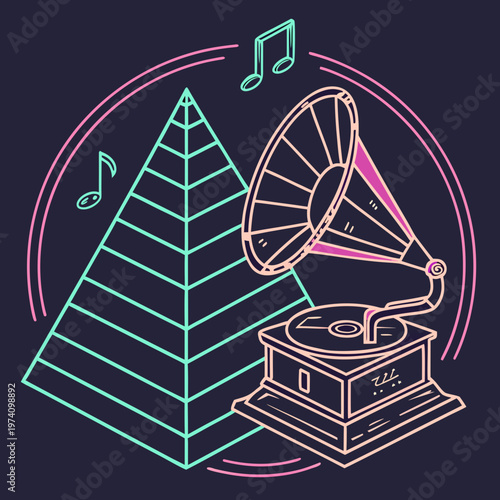 Vintage gramophone playing music next to ancient pyramid within circular neon frame featuring musical notes and retro phonograph equipment design.