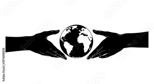 Black silhouette of two hands holding the planet earth globe.