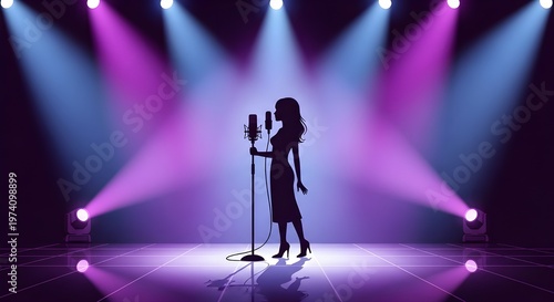 Female Singer Silhouette on Stage with Vibrant Purple and Blue Spotlight Beams Illustration