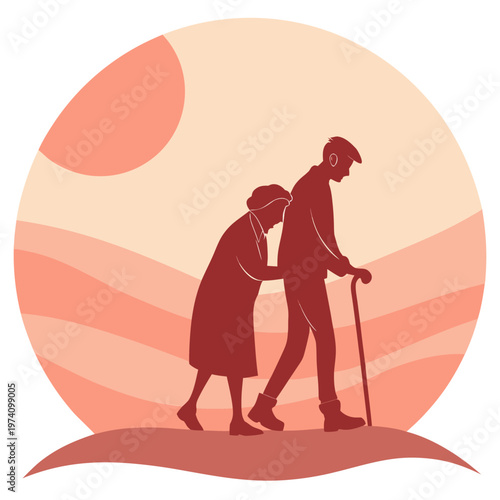 Elderly couple silhouette walking together with cane against sunset landscape vector illustration for love and support in old age concepts design.