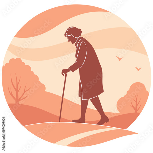 Elderly woman walking with cane, landscape with trees and birds, old female enjoying peaceful stroll in park during sunset.