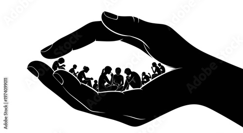 Silhouette of a large hand protecting a group of people.
