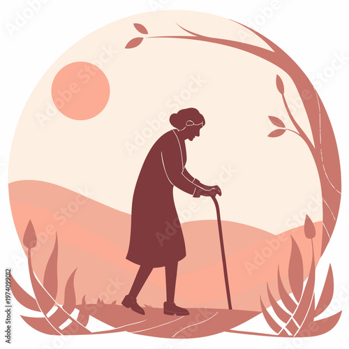 Old woman walking with cane on natural background with plants and hills, senior lady enjoying tranquil stroll in nature.