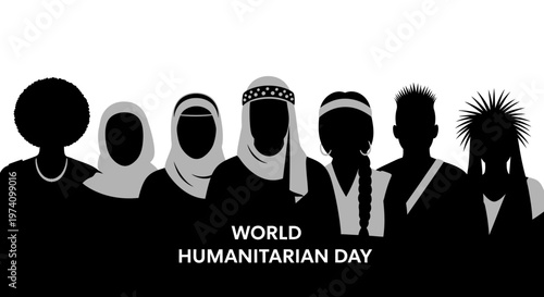Silhouette of diverse people celebrating World Humanitarian Day.