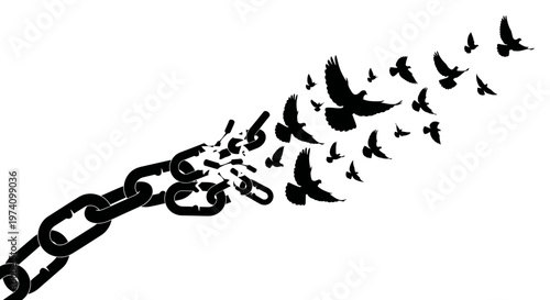 Conceptual illustration of breaking free with chain links turning into a flock of flying birds.