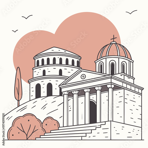 European orthodox church building with dome and rotunda structure on hill landscape with trees and birds flying above warm sky.