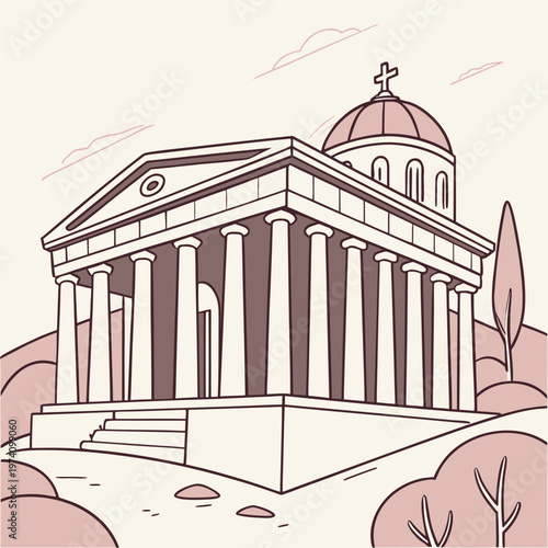 European orthodox church building with dome and rotunda structure on hill landscape with trees and bushes soft clouds above.