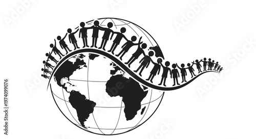People holding hands around the world globe symbol.