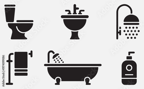  black bathroom icons set including toilet, sink, shower, towel, bathtub, and soap bottle isolated on transparent background