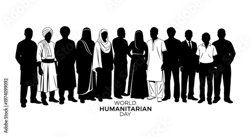 Diverse group of people standing together in a silhouette style for World Humanitarian Day.