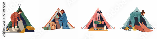 Vector illustrations of women in plaid pajamas setting up sleeping mats inside camping tents with various outdoor gear and accessories.