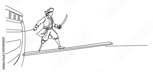 Pirate character walking a wooden plank from a sailing ship while holding a saber, embodying maritime adventure and peril, ideal for book covers, game graphics, or themed promotional