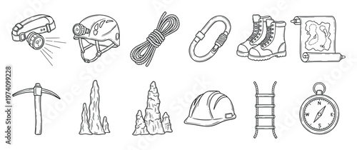 Detailed line art collection of caving and underground exploration equipment featuring safety helmet, climbing rope, hiking boots, rolled map, navigation compass, and geological formations.