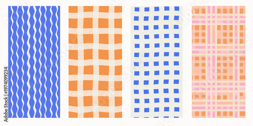 Four vertically arranged panels displaying colorful geometric patterns