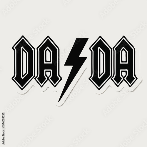 Bold typographic design featuring the word dada with a central lightning bolt symbol rendered in a classic rock band style