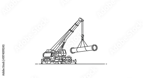 Line drawing of a mobile crane lifting a large cylindrical object