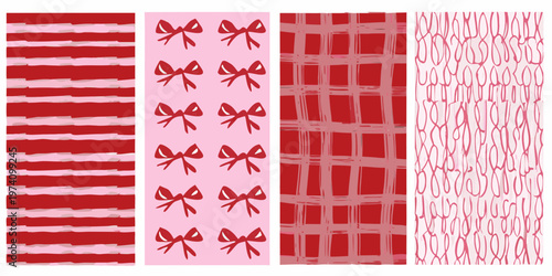 Four panels of red and pink patterned fabric swatches displayed vertically