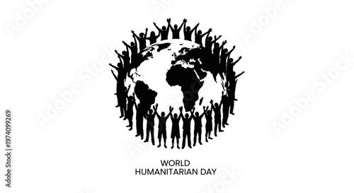 World Humanitarian Day silhouette design with people surrounding a globe.
