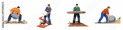 Vector illustration set of men engaged in manual labor, lifting, carrying, and rolling heavy stones and granite slabs in various outdoor environments.
