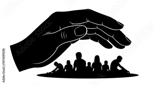 Black silhouette of a protective hand covering a group of people.