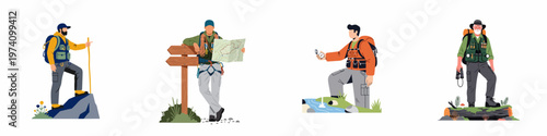Set of male hikers and explorers in various outdoor activities like trekking, climbing, and navigating with maps and compasses.