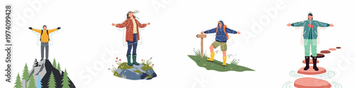 Set of illustrations depicting people enjoying outdoor activities, hiking, and trekking in the rain while wearing raincoats and ponchos.
