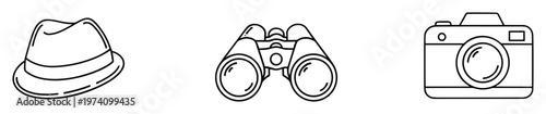 Outline icons featuring a classic fedora hat, observation binoculars, and a camera, symbolizing investigation, adventure, and discovery for use in various graphic projects and informational