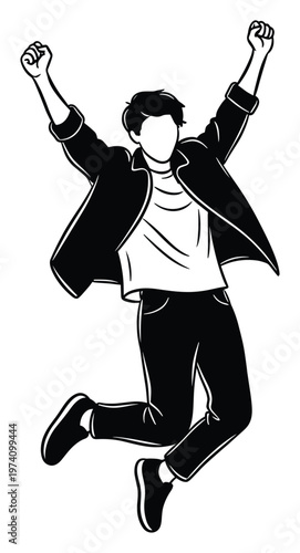 Energetic young man jumping with arms raised in a triumphant pose symbolizing success and freedom, ideal for marketing campaigns and motivational graphics
