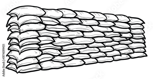 Stacked sandbags forming a protective barrier suitable for military themed designs, flood control awareness campaigns, or construction safety graphics