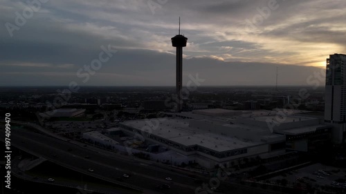 Views near Tower of Americas at sunset in downtown San Antonio, TX